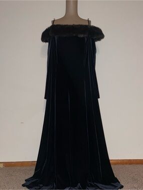 Patra Black Velvet Off-Shoulder Gown with Fur Trim